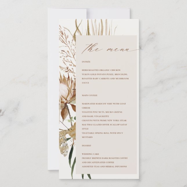 Boho Protea Dried Palm Floral Wedding Menu Card Dankeskarte (Vorderseite)