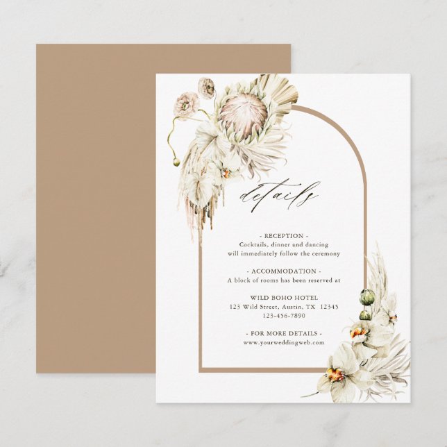 Boho Protea Pampas Grass Arch Wedding Details Begleitkarte (Vorne/Hinten)