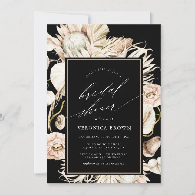 Boho Protea Pampas Grass Black Brautparty Einladung (Vorderseite)