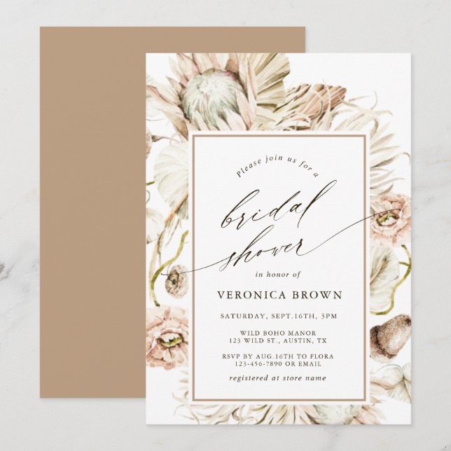 Boho Protea Pampas Grass Floral Brautparty Einladung (Vorne/Hinten)