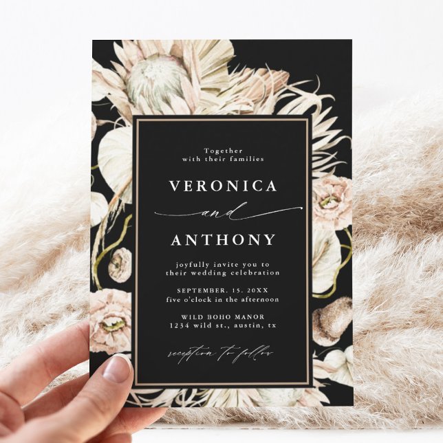 Boho Protea Pampas Grass Floral Wedding Black Einladung (Von Creator hochgeladen)