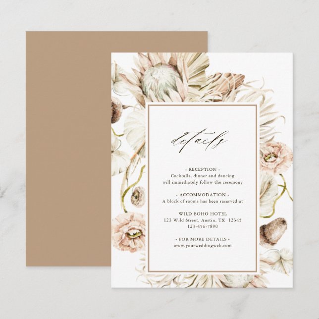 Boho Protea Pampas Grass Floral Wedding Details Begleitkarte (Vorne/Hinten)