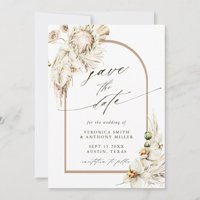 Boho Protea Pampas Grass Floral Wedding Foto Save The Date (Vorderseite)