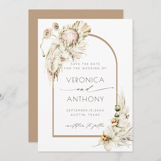 Boho Protea Pampas Grass Floral Wedding Foto Save The Date (Vorne/Hinten)