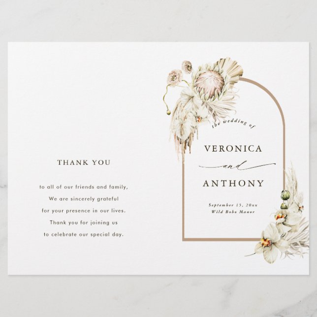Boho Protea Pampas Grass Floral Wedding Programme (Devant)