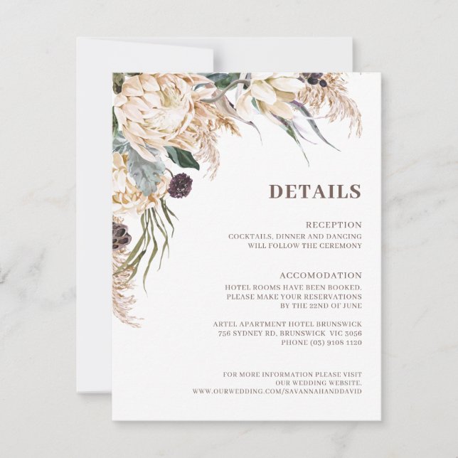 Boho Protea Pampas Grass Wedding Details Card (Vorderseite)