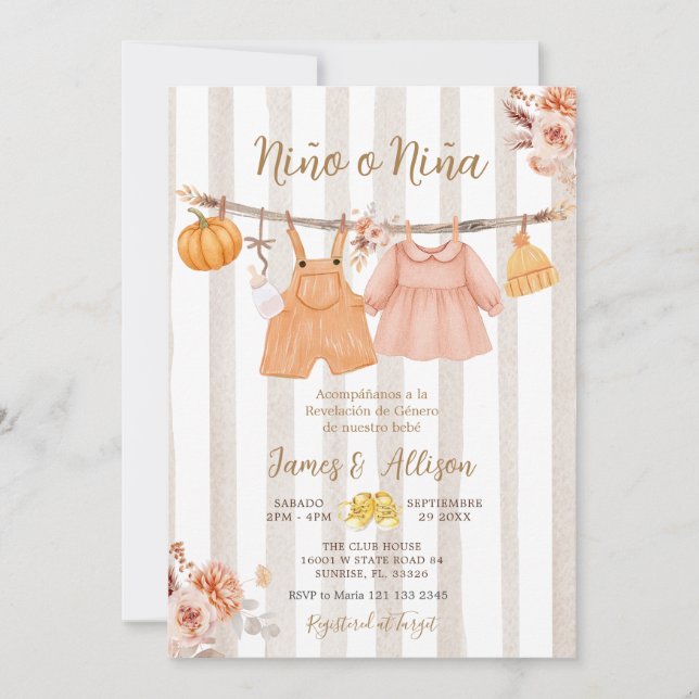Boho Pumpkin Baby Clothes Spanisch Gender Reveal Einladung (Vorderseite)