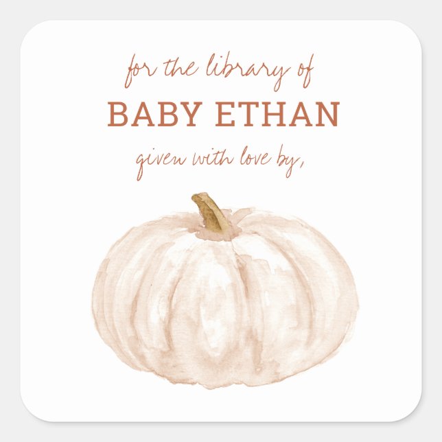 Boho Pumpkin Fall Babydusche Buchbibliothek Quadratischer Aufkleber (Vorderseite)