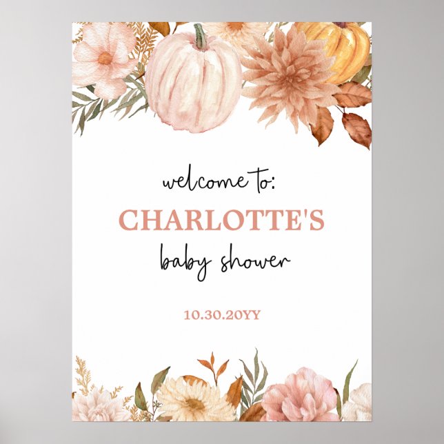Boho Pumpkin Floral Fall Baby Dusche Begrüßungszei Poster (Vorne)