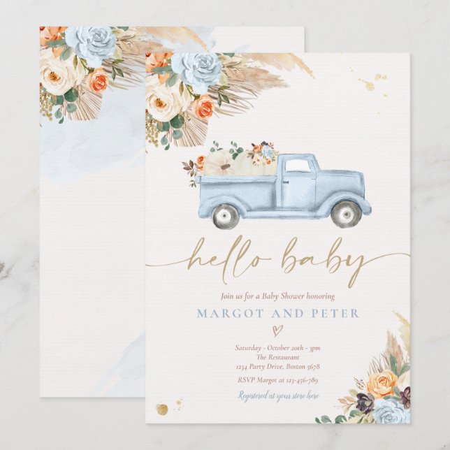 Boho Pumpkin Lieferwagen Truck Blue Boy Baby Showe Einladung (Vorne/Hinten)