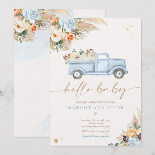 Boho Pumpkin Lieferwagen Truck Blue Boy Baby Showe Einladung