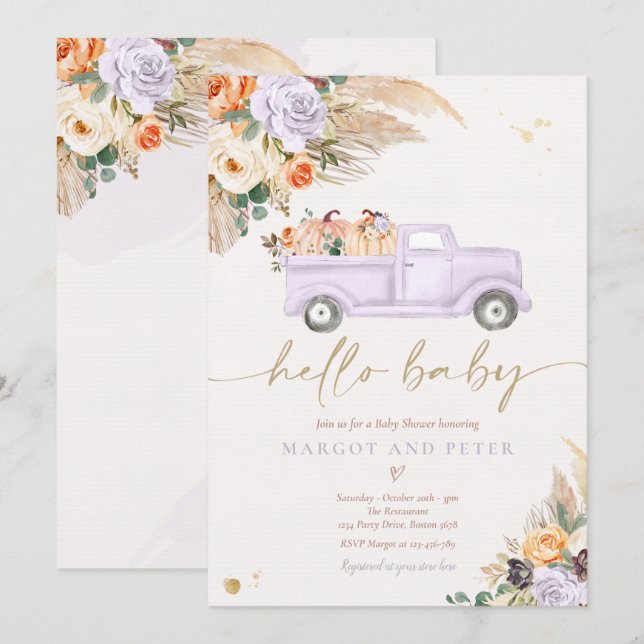 Boho Pumpkin Lieferwagen Truck Lila Girl Baby Show Einladung (Vorne/Hinten)