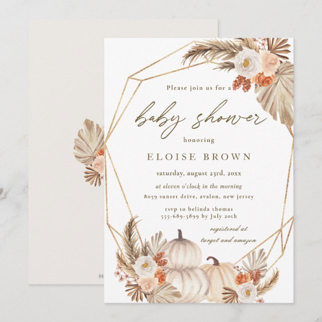 Boho Pumpkin Pampas Grass Floral Baby Shower Invi Einladung (Vorne/Hinten)