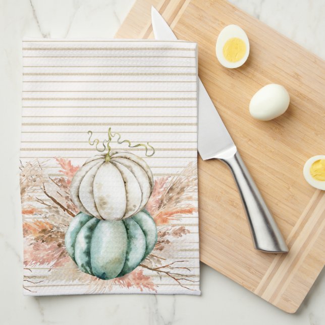 Boho Pumpkin Pampas Grass Französische Landstriche Geschirrtuch (Viertel Falte)