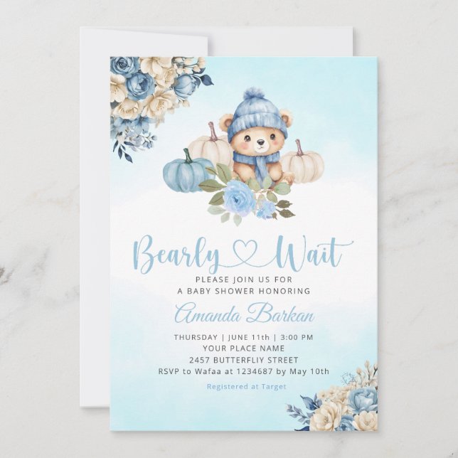 Boho Pumpkin Teddy Bear Blue Boy Bear Baby Shower Einladung (Vorderseite)