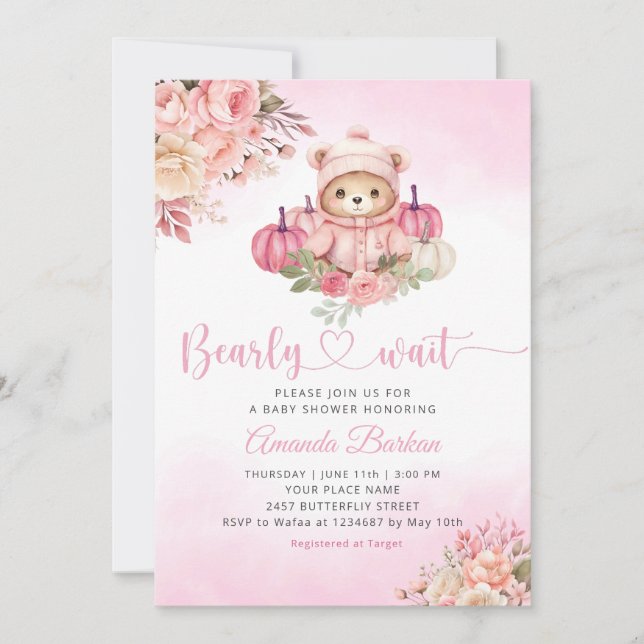 Boho Pumpkin Teddy Bear Pink Girl Bear Baby Shower Einladung (Vorderseite)