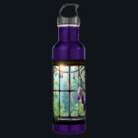 Boho Purple Dreamcatcher in Window Edelstahlflasche<br><div class="desc">A rustic window with a purple feathered dreamcatcher hanging in the window along with colorful sparkly crystals. The window overlooks a beautiful array of trees and sunbeams shining through.</div>