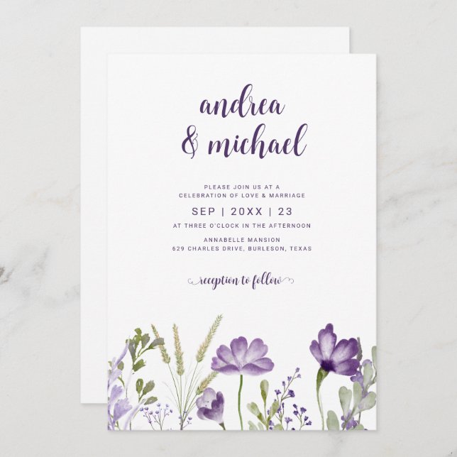 Boho Purple Fleur sauvage Grass Wedding Invitation (Devant / Derrière)