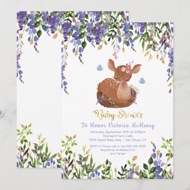 Boho Purple Floral Baby Deer Shower Invitation (Devant / Derrière)