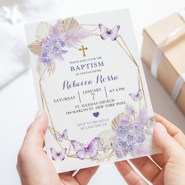 Boho Purple Floral Butterfly Baptism Invitation (Créateur téléchargé)