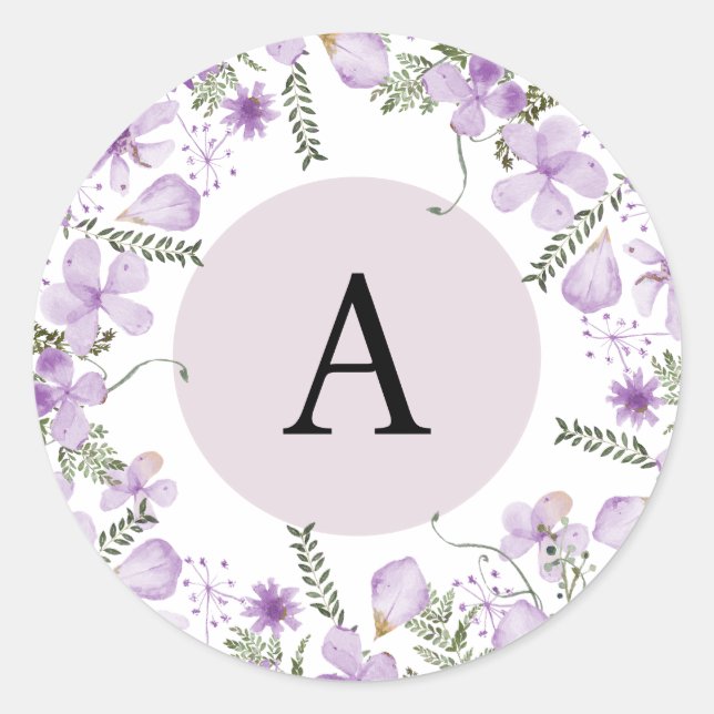 Boho Purple Flowers Monogram Round Umschlag Aufkle Runder Aufkleber (Vorderseite)