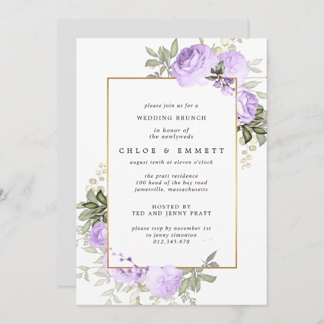 Boho Purple Rose Floral Mariage Brunch Invitation (Devant / Derrière)