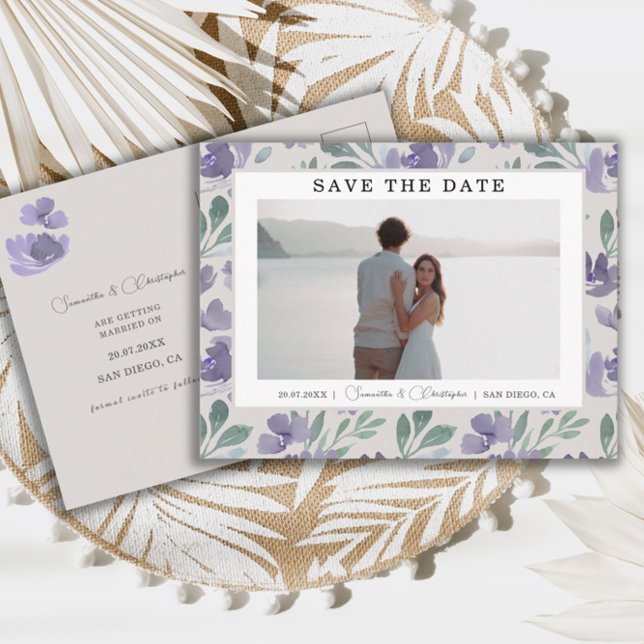 Boho Purple Watercolor Floral Save the Date Postkarte (Von Creator hochgeladen)