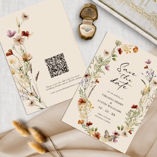 Boho QR-Code Save the Date (Tan Wildflower Boho Floral QR Code Save The Date by Painted Paperie
)