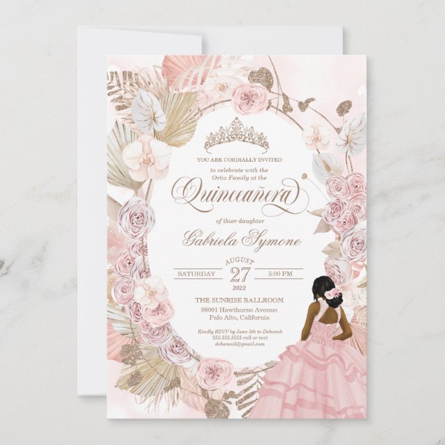 Boho Quinceanera Pink Roses getrocknet Blumenorchi Einladung (Vorderseite)