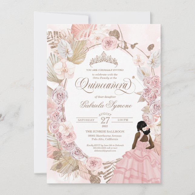 Boho Quinceanera Pink Roses Getrocknetes Blumenorc Einladung (Vorderseite)