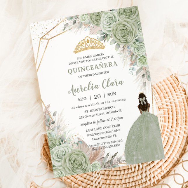 Boho Quinceanera Sage Green Floral Pampas Grass Einladung (Von Creator hochgeladen)