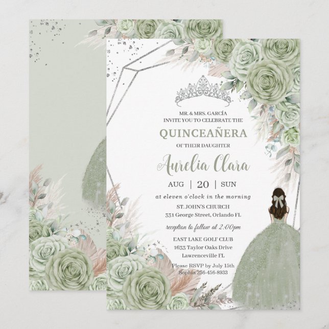 Boho Quinceañera Sage Green Floral Pampas Grass Einladung (Vorne/Hinten)