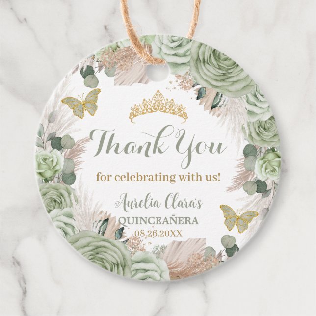 Boho Quinceañera Sage Green Floral Pampas Grass Geschenkanhänger (Vorderseite)