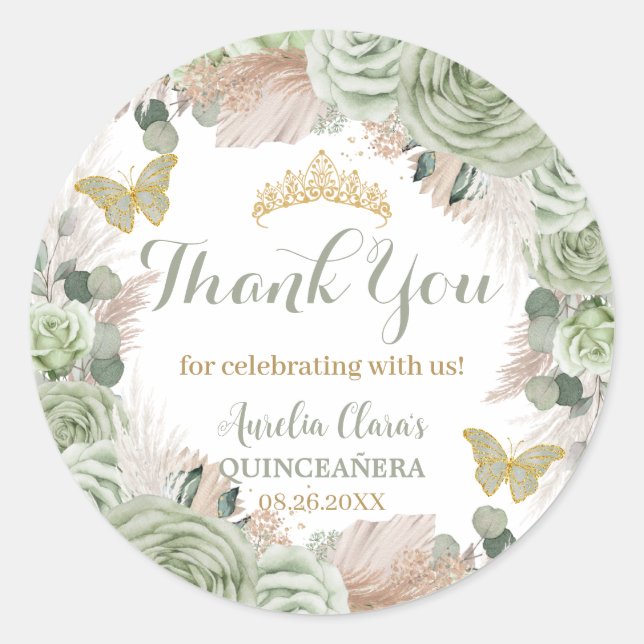 Boho Quinceañera Sage Green Floral Pampas Grass Runder Aufkleber (Vorderseite)