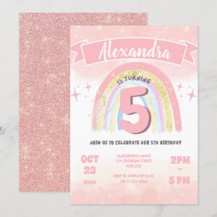 Boho Rainbow 5. Geburtstags-Girl-Glitzer Einladung