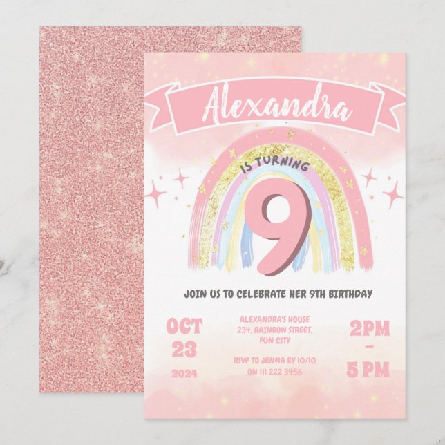 Boho Rainbow 9th any Age Birthday Girl Glitzer Einladung (Vorne/Hinten)