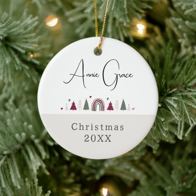 Boho Rainbow and Hearts with name Foto Christmas Keramik Ornament (Baum)