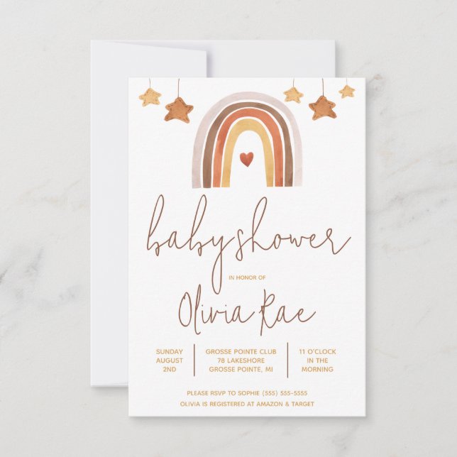 Boho Rainbow and Stars Gender Neutral Baby Shower Einladung (Vorderseite)