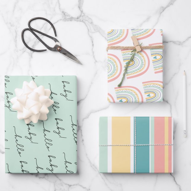 Boho Rainbow Baby Gender Neutral "Hello Baby" Wrap Geschenkpapier Set (Vorderseite)