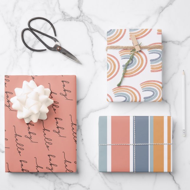 Boho Rainbow Baby Gender Neutral "Hello Baby" Wrap Geschenkpapier Set (Vorderseite)