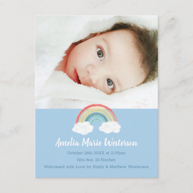 Boho Rainbow Baby Shower Blue Boy Postkarte (Vorderseite)