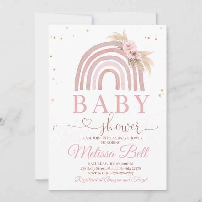 Boho Rainbow Baby Shower Einladung Pampas (Vorderseite)