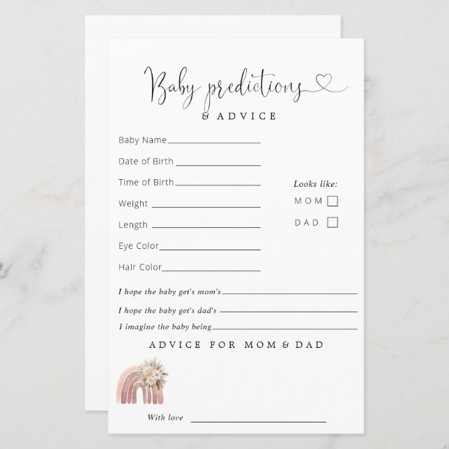 Boho Rainbow Baby Shower Predictions Ratschläge (Vorne/Hinten)