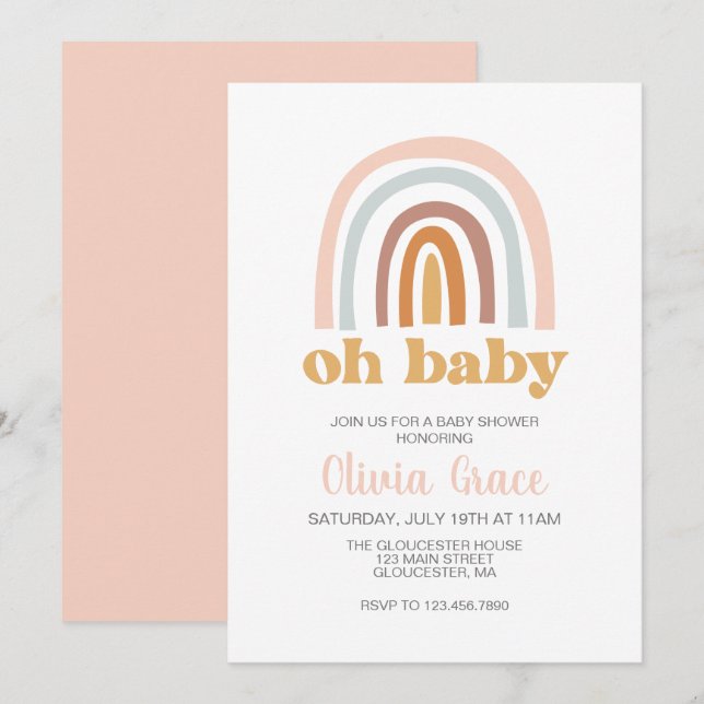 Boho Rainbow Baby shower rose Invitation (Devant / Derrière)
