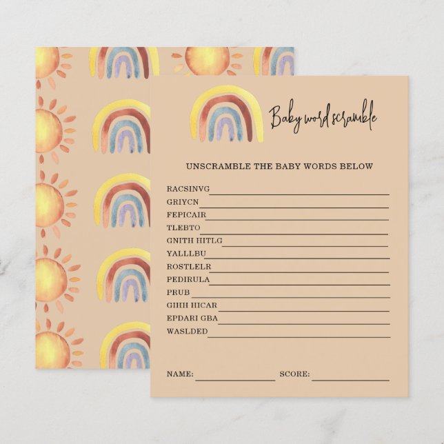 Boho Rainbow Baby Word Scramble | Baby Showspiel (Vorne/Hinten)