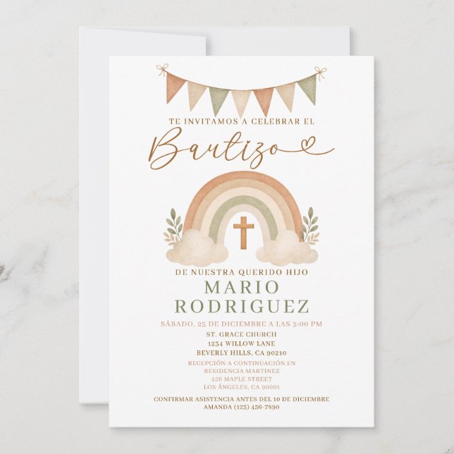 Boho Rainbow Bautizo Invitation Spanish Einladung (Vorderseite)