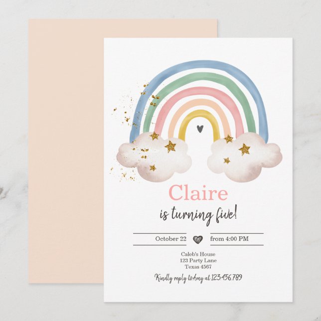 Boho Rainbow Birthday Invitation Girl Rustic Einladung (Vorne/Hinten)