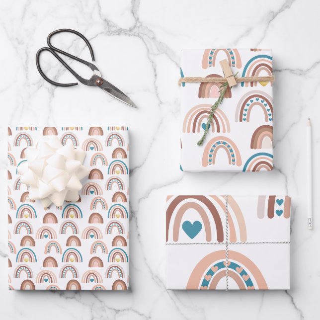 Boho Rainbow Blue Blush Gold Hearts Geschenkpapier Set (Vorderseite)
