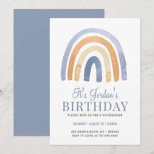 Boho Rainbow Blue Invitation de fête d'anniversair