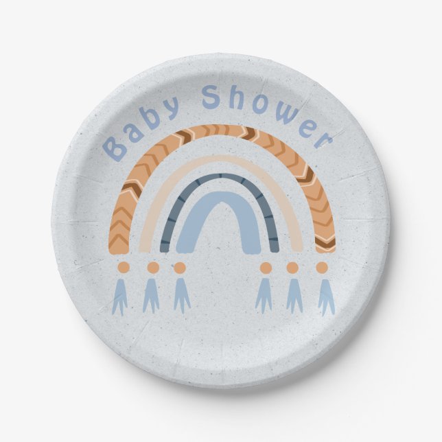 Boho Rainbow Blue Kraft Boy Baby Shower Pappteller (Vorderseite)